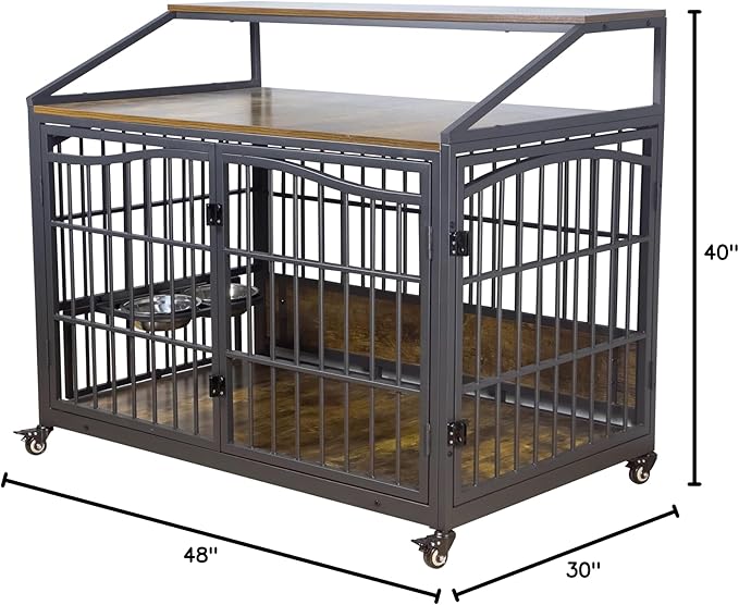 48 Inch Dog Crate Furniture, XXL Kennel Cage Rustic Wooden Pet House End Table Dog Home for Large Dogs with 2 Stainless Steel Bowls Indoor Use 48" L x 30" W x 40" H