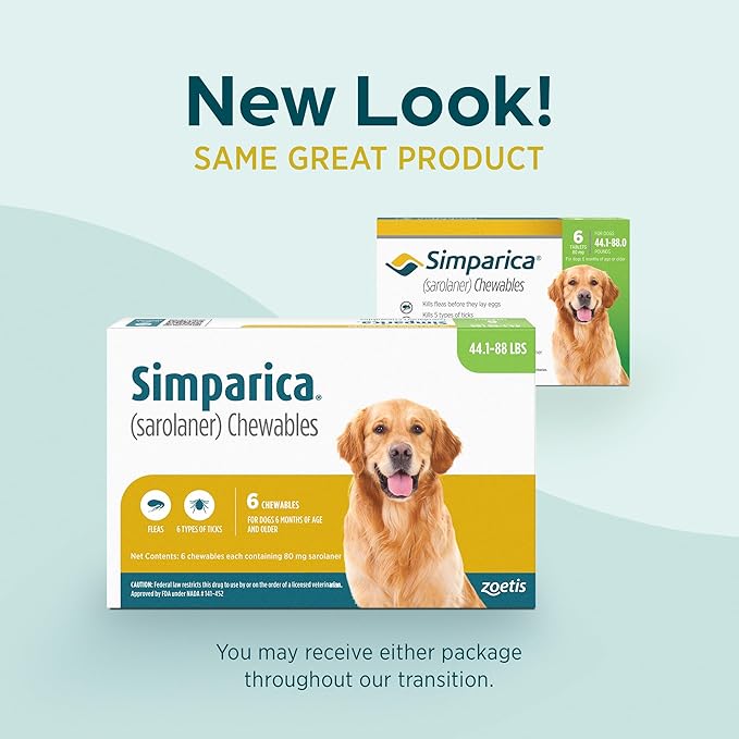 Simparica (sarolaner) Chewables for Dogs, 80 mg/tab, 44.1-88 lbs (Green), 3 Tablets