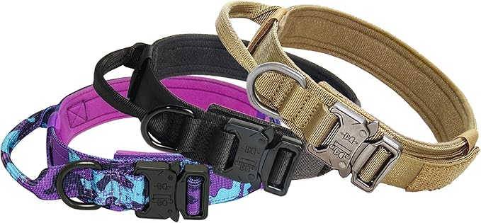Hotsky Tactical Dog Collar, Adjustable Military Training Nylon Airtag Collar with Handle and Heavy Duty Metal Buckle for Medium Large Dogs, with Airtag Holder and Two Patches(Brown,L)