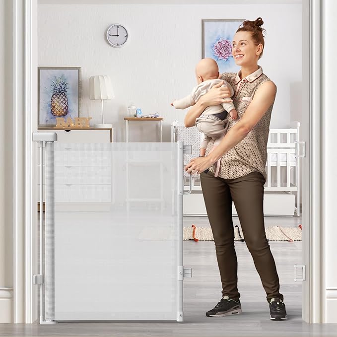 Retractable Baby Gates 2 Pack, 55" Wide Mesh Dog Gate Indoor, 34" Tall Gate for Stairs Doorways Hallways Deck, Child Pet Safety Gate for Indoor Outdoor Home Use, White