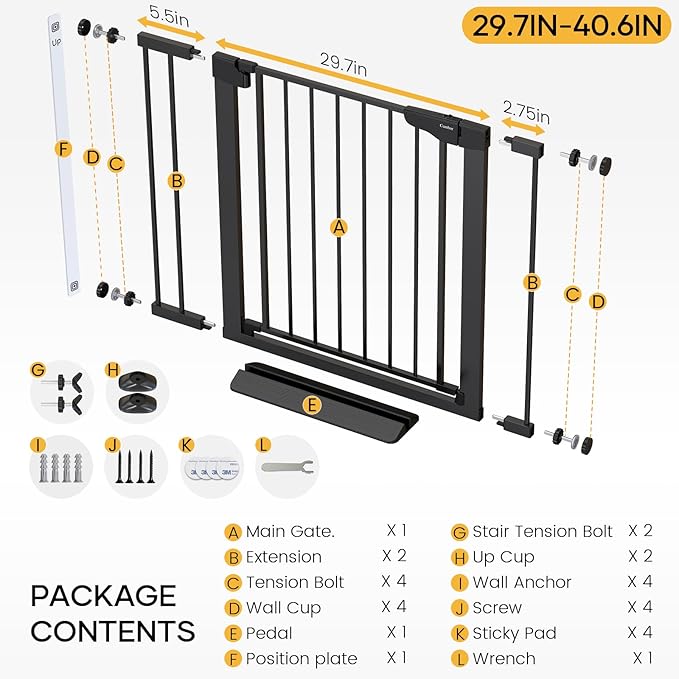 Cumbor 29.7-40.6" Baby Gate for Stairs, Mom's Choice Awards Winner-Dog Gate for Doorways, Pressure Mounted Auto-Close Pet Gates for Dogs Indoor, Safety Child Gate with Easy Walk Thru Door, Black