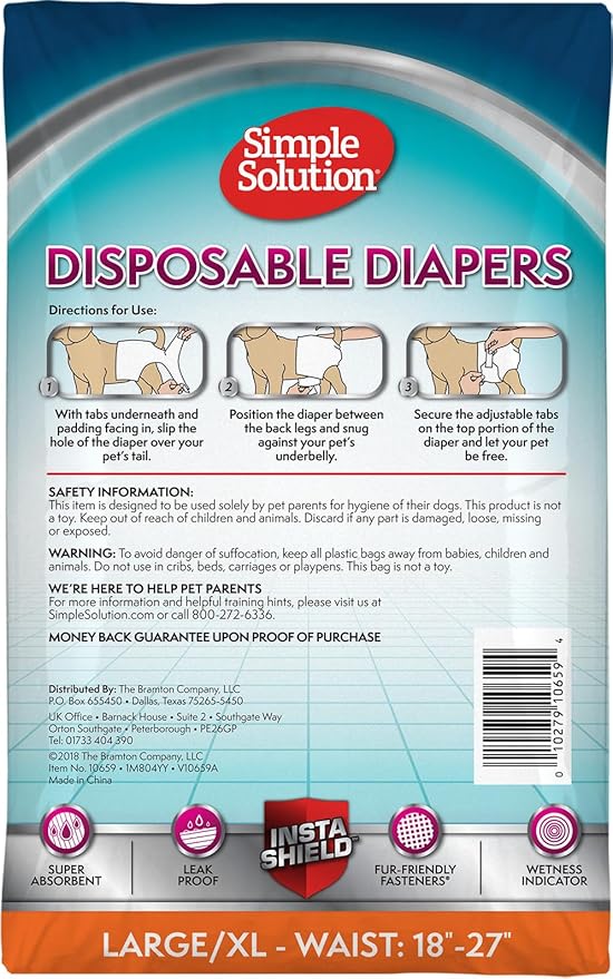 Simple Solution Disposable Female Dog Diapers, Absorbent Leak Proof Protection for Incontinence, Puppy Training, Heat Cycle, Travel, and Housebreaking, Large/XL Dogs, 18–27 Inch Waist, 12 Count