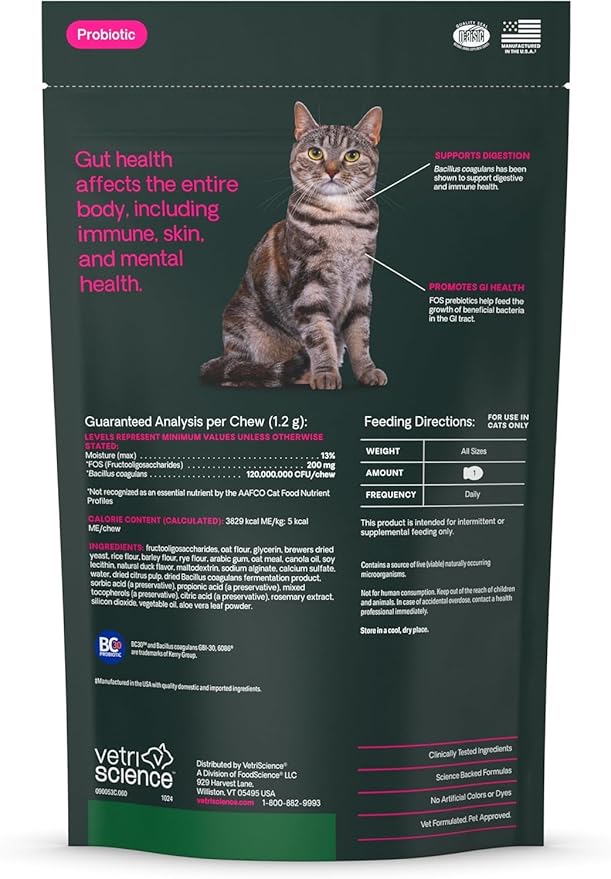 VetriScience Gut Health Chews, Probiotic Everyday Digestive Supplement for Cats, Pet Probiotics for Digestion Support, Gas and Diarrhea, Immune Support, 120 Million CFU Per Chew, Duck, 60 Count