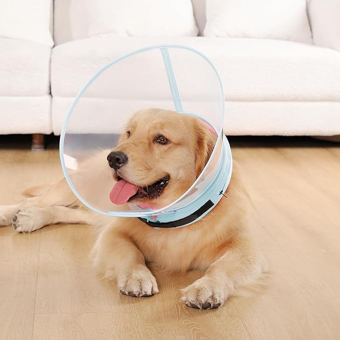 Sponge Core Dog Cone, Inflatable Dog Cone Collar Alternative, Dogs Donut Collar After Surgery, Soft Cone for Large Medium Small Dogs to Stop Licking, No Inflation Required, Clear View(Size 5, Pink)