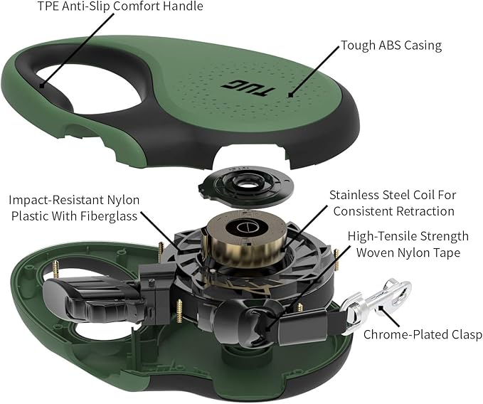 TUG 360° Tangle-Free Retractable Dog Leash with Anti-Slip Handle | 16 ft Strong Nylon Tape | One-Handed Brake, Pause, Lock (Large, Green)