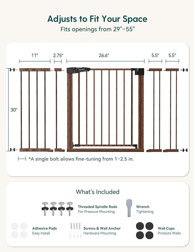 Babelio Metal Auto Close Baby Gate PressGuard P7,Extra Wide Pet Gate for The House and Doorways, Pressure Mounted Walk Thru Child Gate with Door (Black Wood Pattern, 30" Tall 29"-55" Wide)