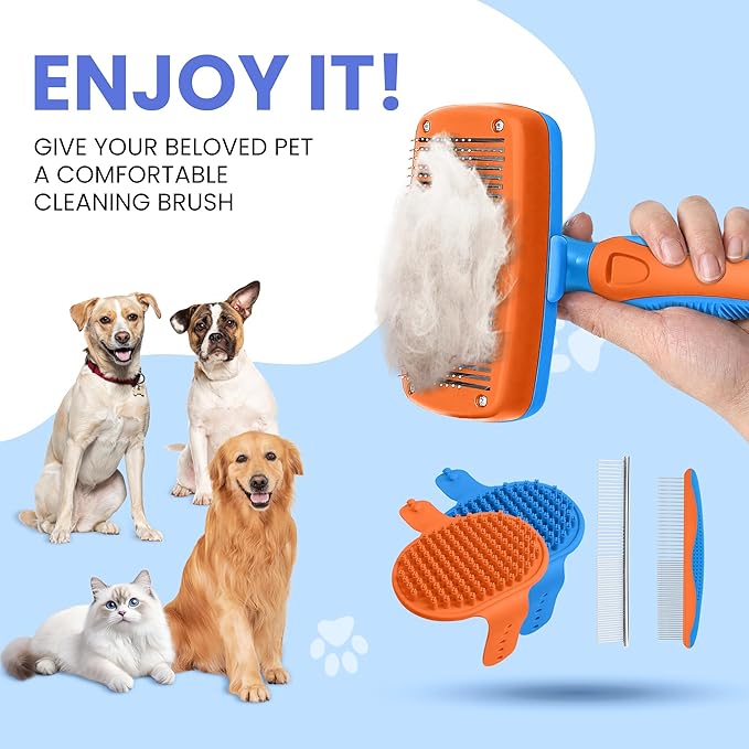 Self Cleaning Shedding Brush - 5-in-1 Professional Pet Grooming Kit Skin Friendly Grooming Tool for Dogs, Cats, and Puppies, Deshedding and Hair Removal for Long and Short Haired Pets,(Blue-Orange)