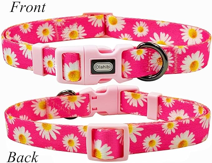 Dog Collar and Leash Set, Cute Pink Daisy Pattern, Polyester Material, 5ft Leash, for Puppy Dogs.(XS, Daisy Set)