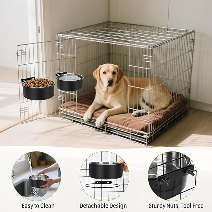 Dog Bowls for Crate, 54oz & 34oz Kennel Bowls Mountable & Non Slip Rubber Base Dual Purpose Stainless Steel Dog Food and Water Bowl Set for Large and Medium Pets, Cats, Puppy, Dogs