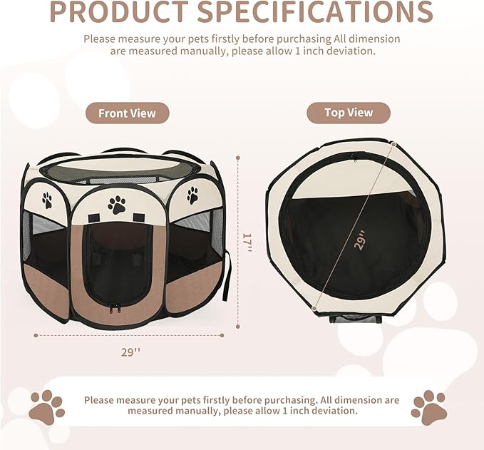 Dog playpen, Foldable Puppy Playpen, Pet Playpen Carrier Pop Up Tent 8-Panel Mesh Cover Adorable Design 600D Soft Oxford Playpen Kennel for Indoor-Outdoor Dog Cat Rabbit. (M 35" 35" 24", Brown)