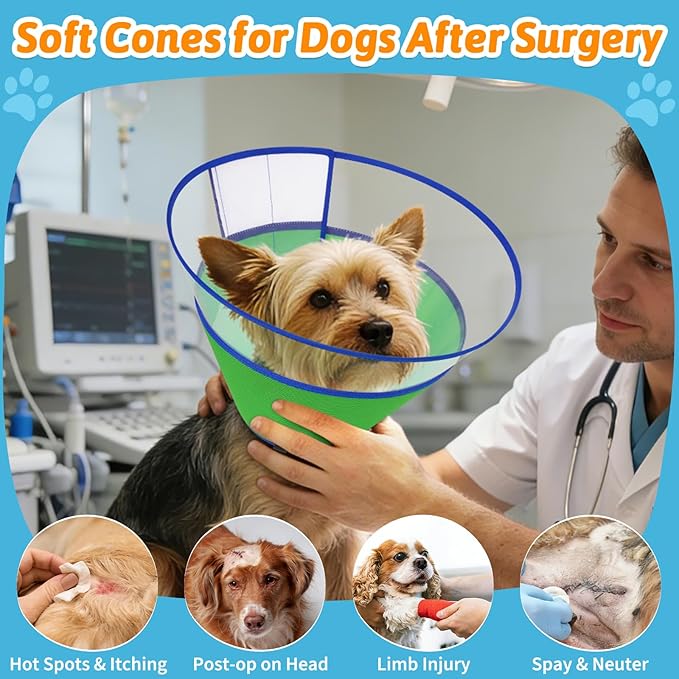 Dog Cone Collar, Clear Soft Cone for Dogs After Surgery to Stop Licking, Breathable Mesh Recovery Collar with Elastic Loop for Snug Fit, Adjustable E-Collar for Large Dogs, Green Size 7