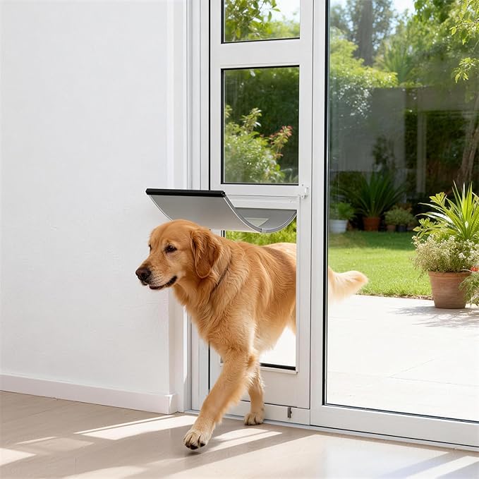 Dog Door for Sliding Glass Door with Magnetic Flat, Installed on Either Left or Right Side,Sliding Door Pet Doggie Door Insert with Lock, Adjustable Height No-Cut Required Doggy Door