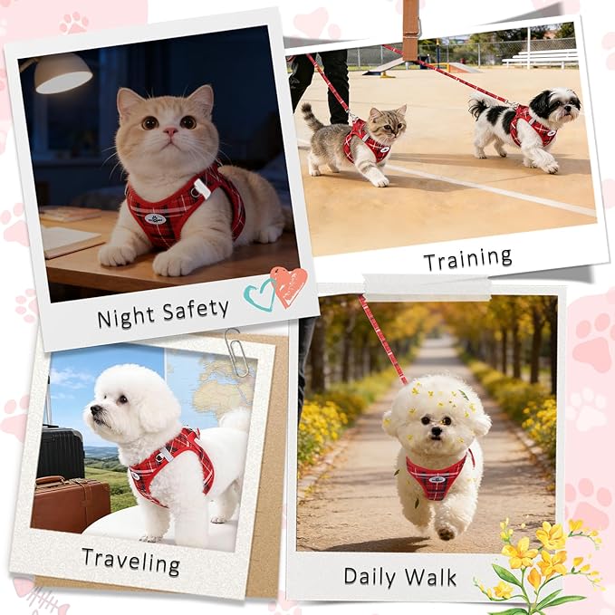 Gyuzh Small Cat Harness and Leash Set for Puppy & Kitten - 3-in-1 No Pull Step in Vest Collar, Lightweight Reflective Plaid, Padded Handle (Red, XS)