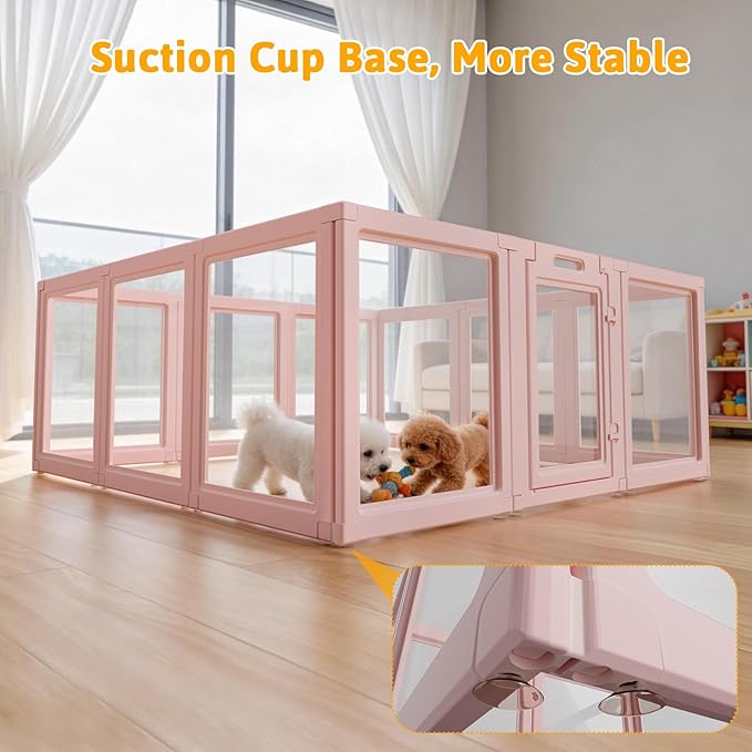 DIY Clear Acrylic Dog Playpen House,Quick Easy Assembly and Disassembly,Strong Floor Suction,Indoor and Outdoor Use,Easy Cleansing Puppy Fence (Skin Pink, 23.6" H, 12PCS)