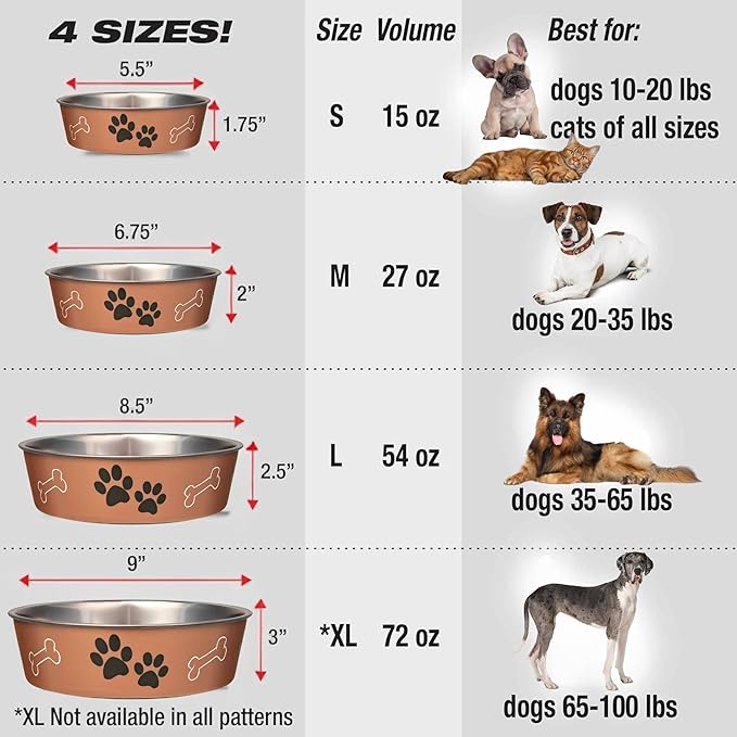 Loving Pets Bella Dog Bowls- Stainless Steel Dog & Cat Bowls - Spill Proof Dog Food Bowl, Cat Bowl, Puppy Essentials & Pet Supplies Great for Home & Travel (X-Large 65-100lbs, Copper)