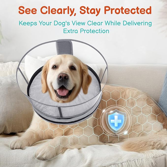Sponge Dog Cone After Surgery, No Inflation Required Dog Donut Collar to Stop Licking, Inflatable Cone Alternatives for Medium Pets, Soft Recovery Collar with Protective Shield (Grey, S)