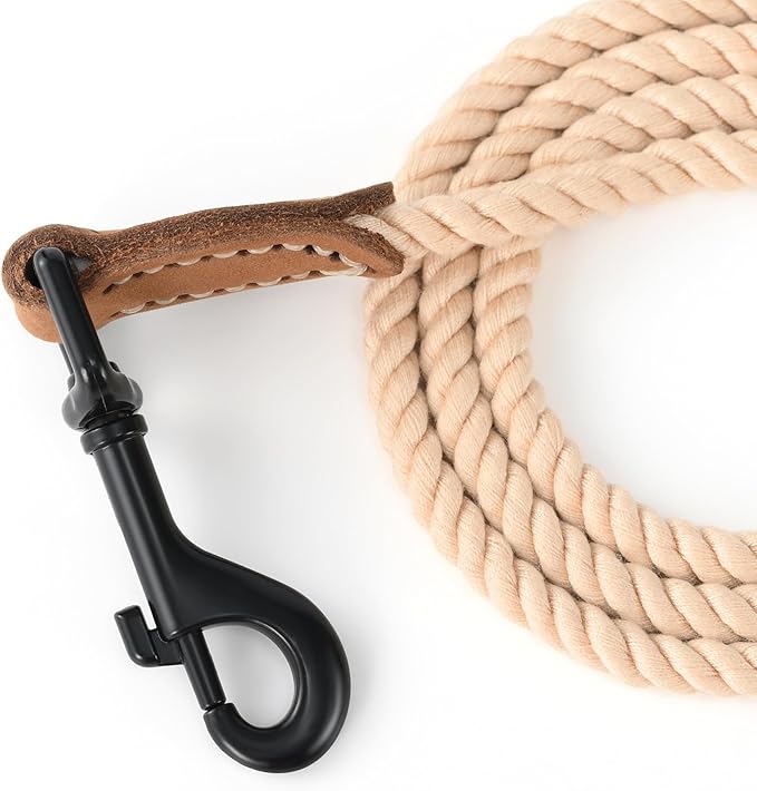 Mile High Life Dog Leash, Braided Cotton Rope Leashes with Leather Tip - Heavy Duty Metal Clasp, 5FT, 1/3" Thick - Wedding, Walking Leash for Small Medium Dogs(Light Brown)