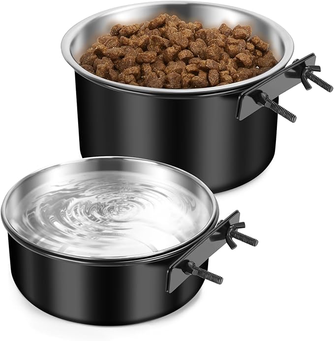 Attachable Dog Bowls for Crates, ShineMe 40oz & 60oz Dog Kennel Food and Water Bowl, 7.1 x 3.7” & 6.3 x 2.6” Dogs Crate Bowls Hanging No Spill for Large or Medium Dogs, Set of 2 Black