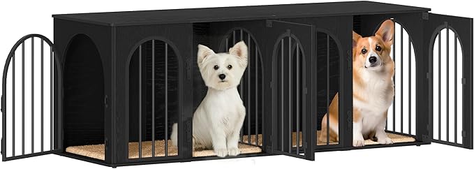 Hzuaneri 63" Dog Crate Furniture for 2 Dogs, Heavy Duty Indoor Dog Kennel TV Stand, L Wooden Dog Cage with Divider for Medium Large Dogs, End Table Dog Crate with Cushion, Black DFC80904B