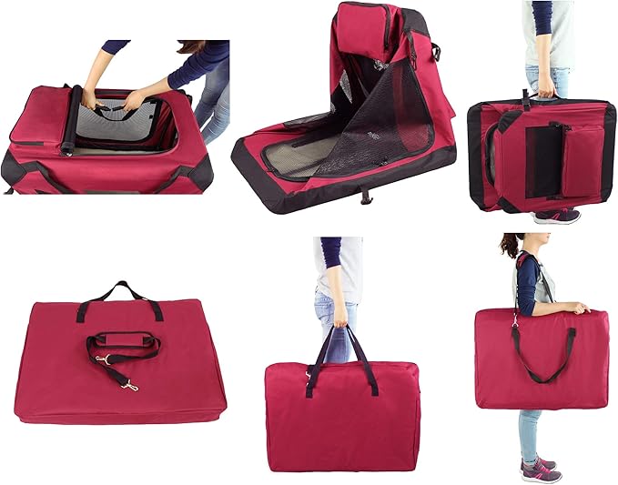 EliteField 3-Door Folding Soft Dog Crate with Carrying Bag and Fleece Bed (2 Year Warranty), Indoor & Outdoor Pet Home (24" L x 18" W x 21" H, Maroon)