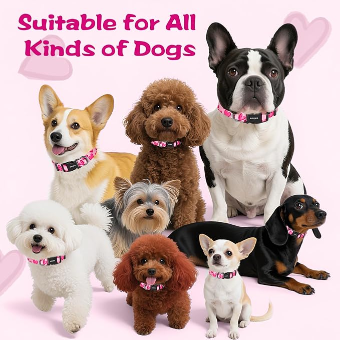 Kazazoo Dog Collar Cute and Soft Nylon Puppy Collar Girl, Adjustable Dog Collars for Small Medium Dogs, Hot Pink Heart-M
