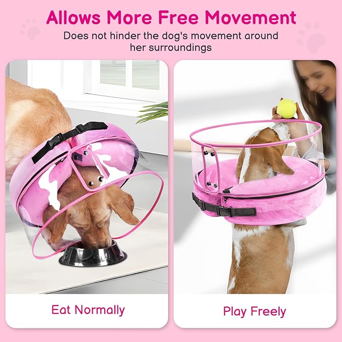 BARKLESS Inflatable Dog Cone, Protective Dog Surgery Collar to Stop Licking Biting Wounds, Patented Soft Donut Cone with Clear Shield, Adjustable Blow-up Collar for Surgery (Pink, XL (Neck: 18"-23"))