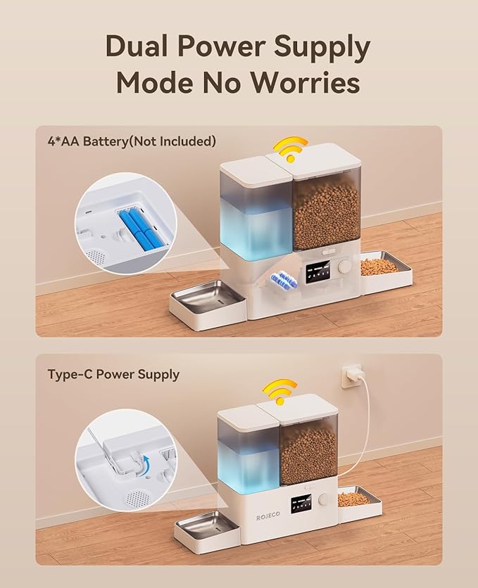 Rojeco 36Cups/8.5L WiFi Automatic Cat Feeder and Gravity Water Dispenser,Stainless Steel Bowls 2-in-1 Large Capacity 5L Food Dispenser with APP and 3.5L Water Fountain for Pets,Dogs,Puppies,Kittens