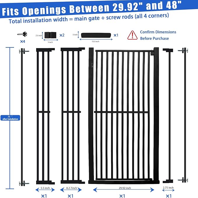 SHYUJAJIE 71 Inch Extra Tall Pet Gate for Cats, 29.5-48" Adjustable Wide Dog Gates, Pressure Mounted Walk Through Tall Cat Gate for Doorways,Hallway,Stairs,House(Black)