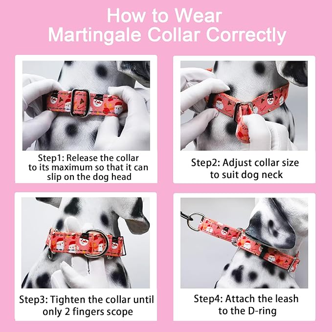 Reflective Christmas Martingale Collar for Dogs Nylon Training Collar with No Buckle No Pull Dog Collar for Large Dogs(Pink Snowman,L)