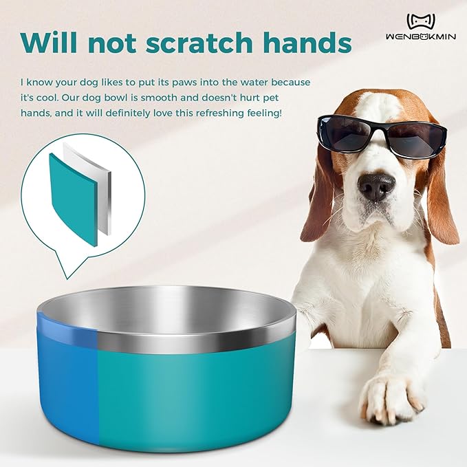 WENBOKMIN Dog Bowl, Stainless Steel Dog Food and Water Bowl with Non Slip Quiet Bottom, Easy to Clean, Dishwasher Safe, 40oz, Lake Blue