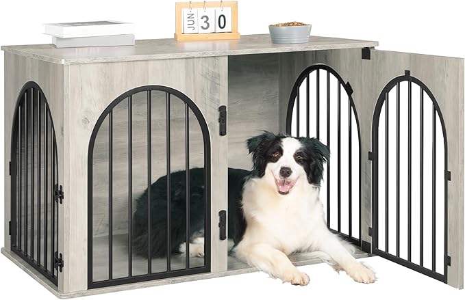 Hzuaneri 39.4" Wooden Dog Crate Furniture, Indoor Dog Kennel Dogs Cage for Small/Medium/Large Dogs, Heavy Duty Dog Crates Decorative Pet House End Side Table TV Stand, Greige Black DFC84105B