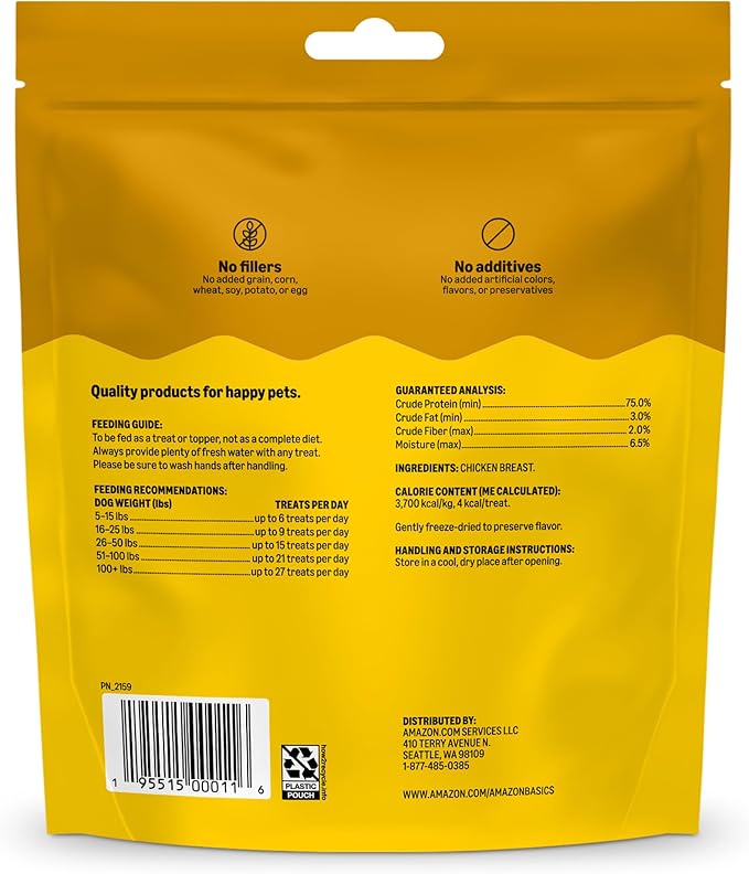 Amazon Basics Dog Treats Freeze Dried Raw Single Ingredient Chicken Breast, High Protein, Healthy Training Treats or Meal Topper for all Dogs, Grain-Free, 3 Oz (Pack of 1) (Previously Wag)
