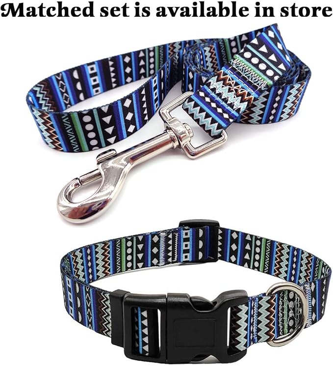 Mihqy Dog Collar with Bohemia Floral Tribal Geometric Patterns - Soft Ethnic Style Collar Adjustable for Small Medium Large Dogs(Bohemian Blue,L)