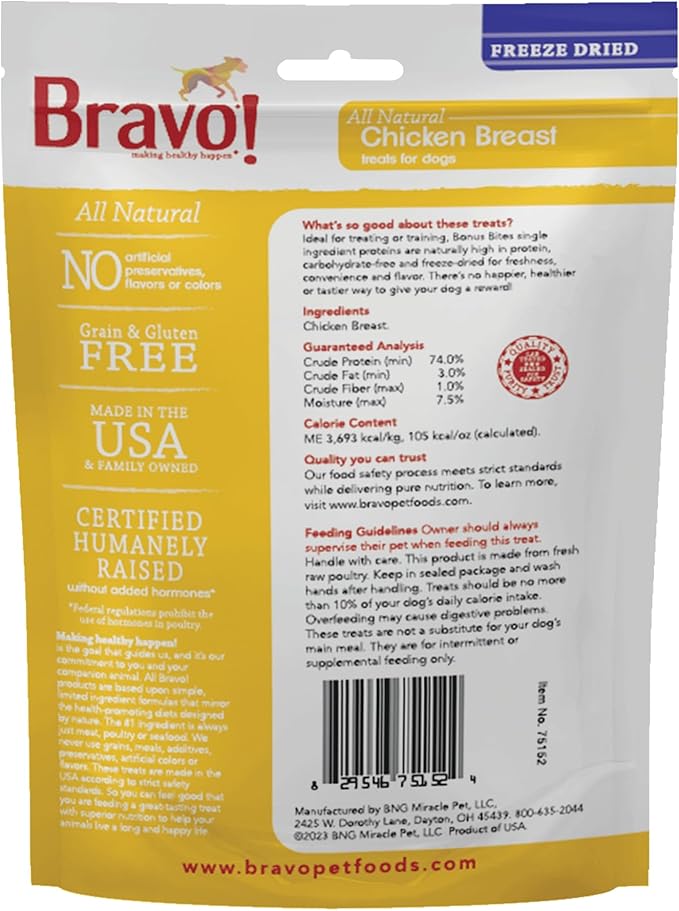 Bravo! Bonus Bites Dog Treats Freeze Dried Chicken Breast - All Natural - Grain Free - 3 oz (Pack of 2)