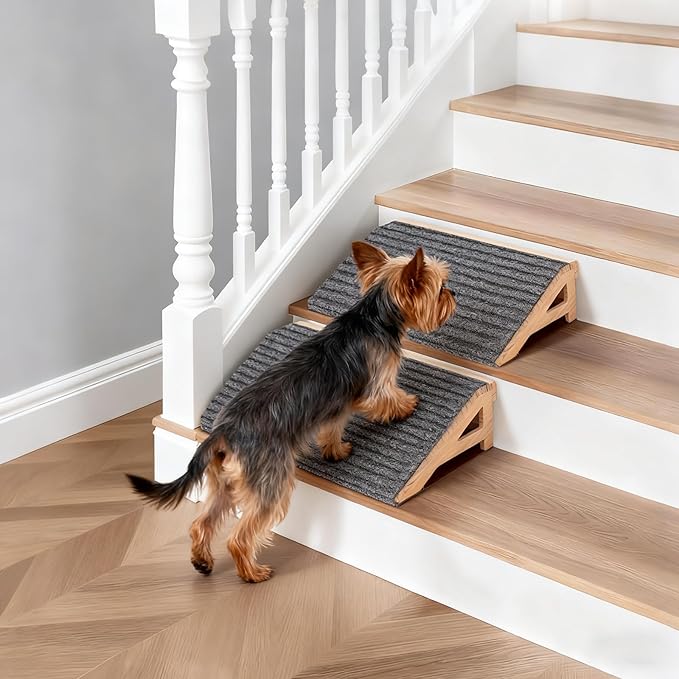 2-Pack Dog Ramp Stairs for Pets ups to 170lbs, Durable Anti-Slip Carpet Surface, Wooden Low-Angled Pet Ramp Assist for Injured & Aged Pets, Stairs Ramp for Small Dogs, No Assembly(Natural Solid Wood)