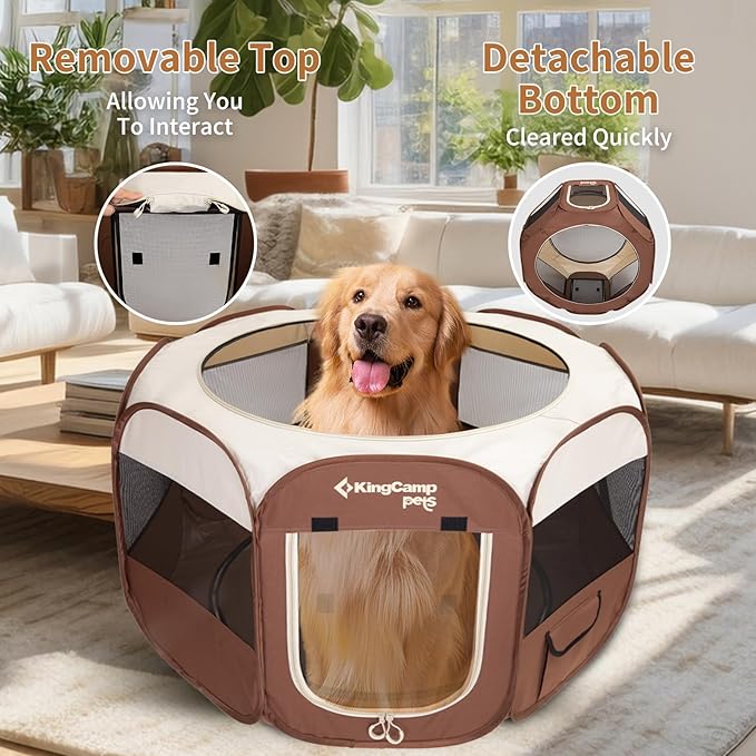 KingCamp Dog Playpen, Portable Foldable Cat Kitten Puppy Tent Crates 29"/36"/50" Pop Up Pet Playpen with Zippered Bottom & Cover for Indoor Outdoor Use (X-Large, Khaki)
