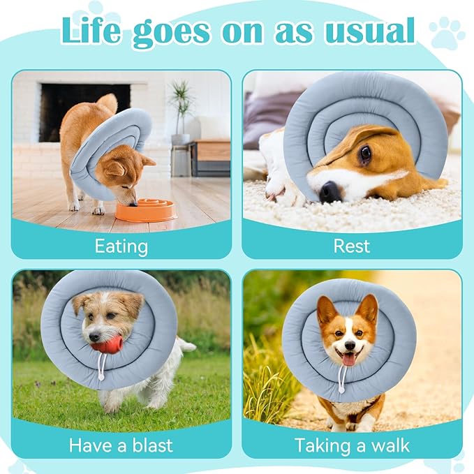 Waterproof Escape-Proof Soft Dog Cones, Adjustable Small Dog Donut Collar with Elastic Neckband, Elizabethan Collar for Dogs, Neck Pillow for Dogs and Cats (Blue-Gray, S)