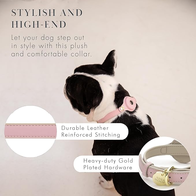 NINA WOOF Cupertino Dog Collars, Harnesses & Leashes Made from Vegan Leather with Dog Tracker Device Holder Adjustable Dog Collar (Small (Neck: 12x15), Pink)