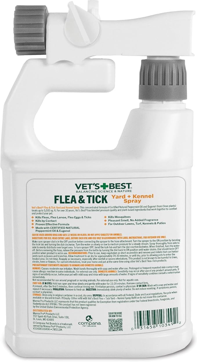 Vet's Best Flea and Tick Yard and Dog Kennel Spray, Mosquito Repellent with Certified Natural Oils, Plant Safe with Ready-to-Use Hose Attachment, Flea and Tick Prevention for Dogs, 32 oz
