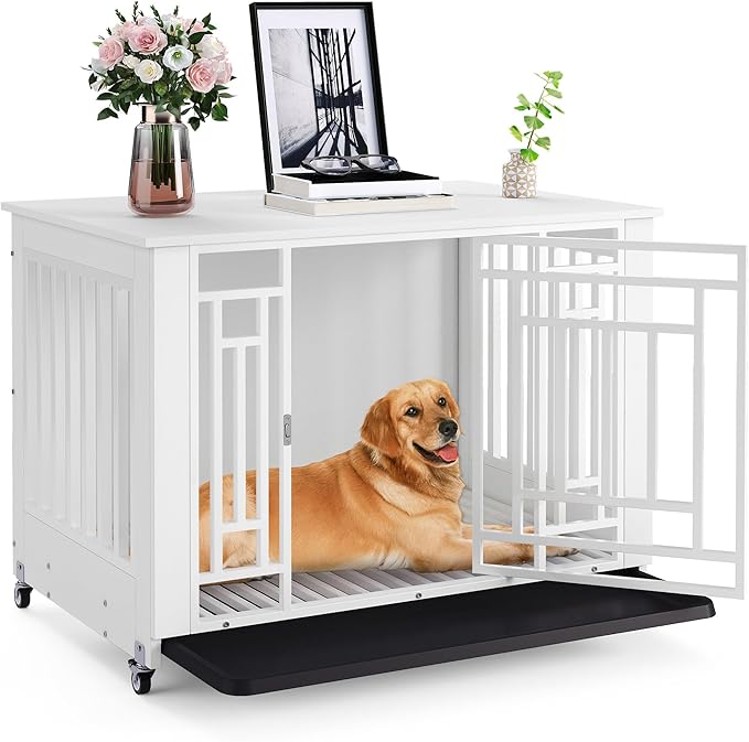 DWVO Dog Crate Furniture with Wheels, 38 Inch Dog Kennel Indoor Heavy Duty End Table Dog Crate for Large Medium Dogs, Decorative Wooden Dog Cage Table with Removable Tray, Chew-Resistant, White