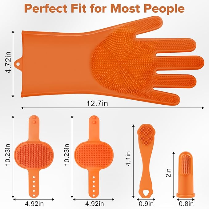 Augwind 6PCS Pet Grooming Kit for Dogs,Cats and Horses | Dog Washing/Bath Gloves | Dog Bath Brush | Shampoo Brush | Pet Grooming Gloves | Dog Bath Supplies (Orange)