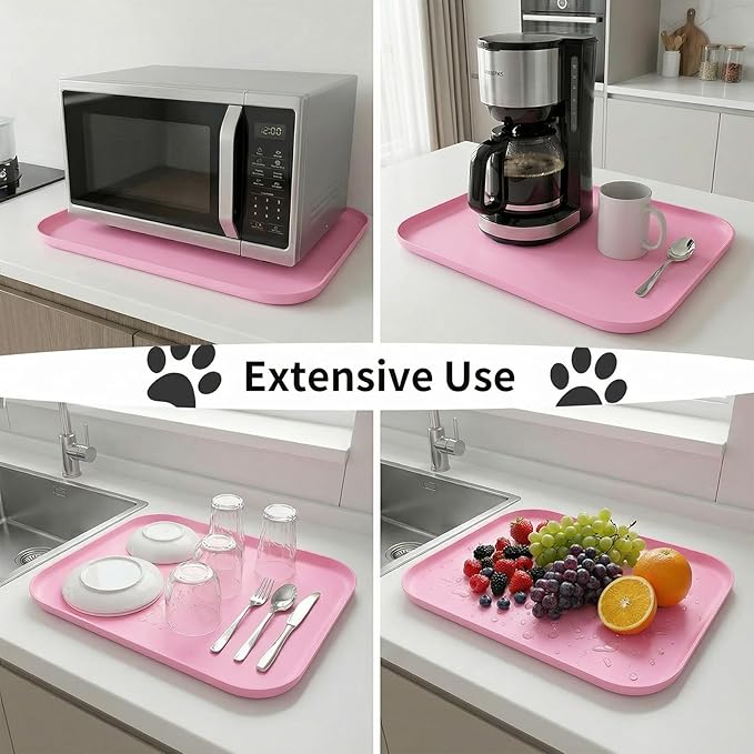 BLESWIN Waterproof Silicone Pet Feeding Mat Pink with Raised Edge,24" x 16"Non-Skid Spill Proof Dog Bowl Mats, Easy Clean Cat Bowls Placemat for Cats and Dogs