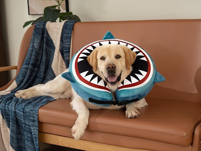 Dog Cone Inflatable Widen Dog Neck Donut Collar, Soft Cone Alternative After Surgery for Large Medium Small Dogs to Stop Licking (Blue Shark, Large)