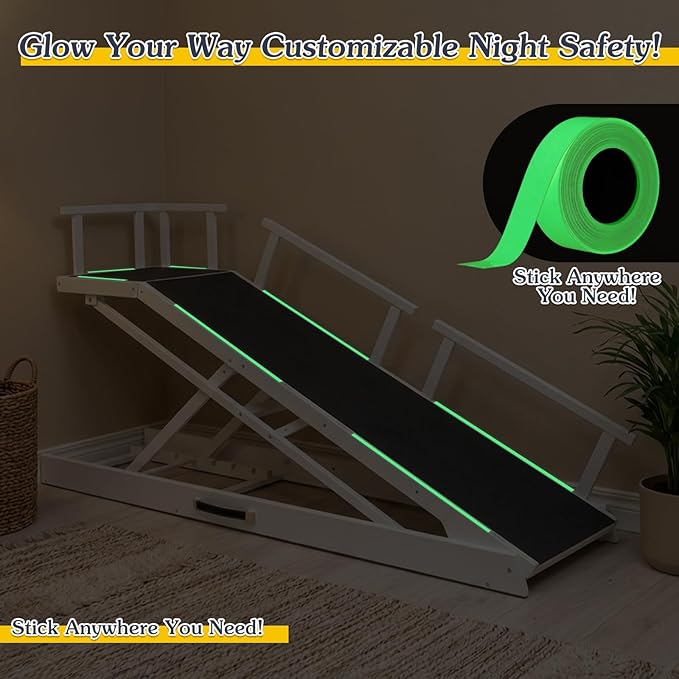 6 Level Height Adjustable Dog Ramp for Bed, Couch 65" Foldable Pet Ramp with Non-Slip Mat,DIY Glow Strips & Rest Platform Heavy Duty Dog Stairs for Large Dogs up to 200Lbs ,White