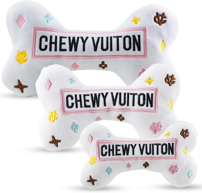 Haute Diggity Dog Chewy Vuiton Bone Plush Squeaky Dog Toy, Soft Durable Designer-Inspired Stuffed Puppy Chew Toys for Small, Medium & Large Dogs, Machine-Washable (White) XL