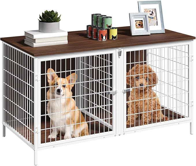 MAHANCRIS Dog Crate Furniture for 2 Dogs, 43.3" Dog Kennel with Removable Divider, Heavy Sturdy Dog Furniture Style Double Cage for Small Medium Dogs, Indoor Pet House End Table, White and Walnut