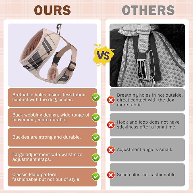 SCENEREAL No Pull Dog Harness Collar and Leash Set for Small Sized Dogs, Soft Mesh Plaid Puppy Harnesses, Pet Vest for Outdoor Walking Training and Running, Beige XS