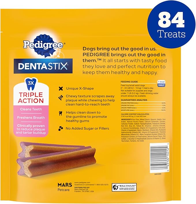 Pedigree Dentastix Dental Chews for Dogs, Small and Toy Breed Dog Treats, Bacon & Chicken Flavor, 17.78 oz. Bag (84 Treats Total)