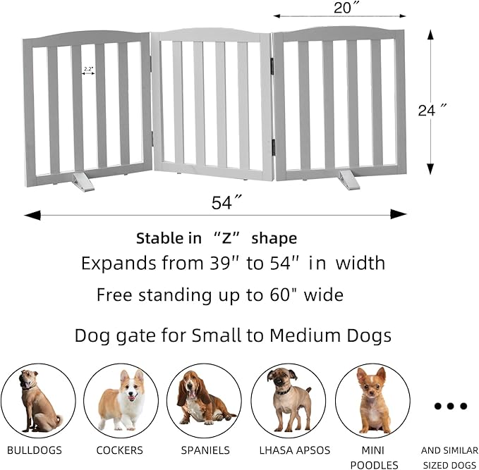 Freestanding Dog Gate Indoor,Doggie Gate Foldable Dog Gates for Doorways,Stairs or Hallways, Wooden White Pet Gate for The House, Pet Fence with Support Feet Included,24 "Height-3 Panels
