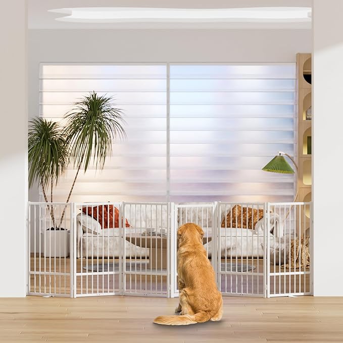 SNUOWU Full Metal Freestanding Dog Gate with Door, 36''Height Foldable Pet Dog Fence for Indoor & Outdoor, 6 Panels Extra Wide Free Standing TallDog Gates for Doorways,House,Stairs,Porch,Deck,Yard